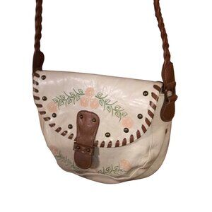 American Rag Pink Rose Vine Cream Boho Cottage Crossbody Bag Brown Braided Strap